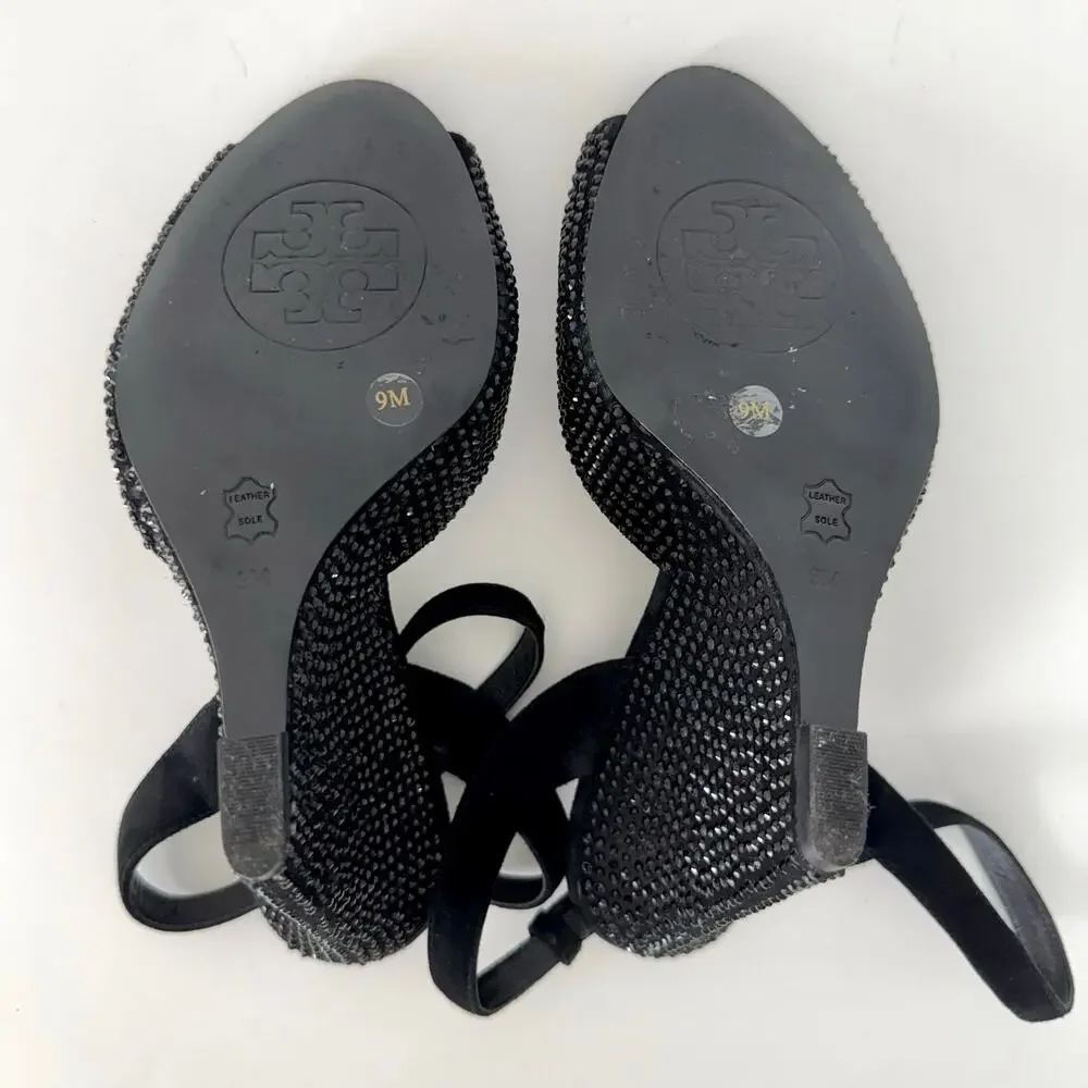 Tory Burch Suede Embellished Wedge Sandals Black Sparkly 9M